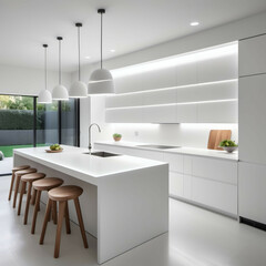 Modern White Kitchen: A sleek, all-white kitchen with handleless cabinets, a smooth countertop, and subtle LED underlighting.

