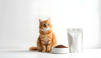 Well-Lit Advertisement Scene – Orange Cat with Food Bowl and Packaging


