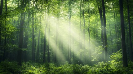 Obraz premium Ethereal Light Shining Through Lush Green Forest Trees and Foliage