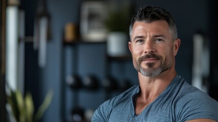 Fototapeta premium Confident man with beard sitting in modern interior space smiling at the camera