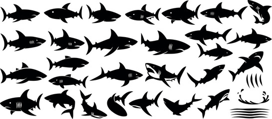 Shark silhouette vector set, black shark icon collection, aggressive shark clipart, ocean predator illustration, shark attack symbol, marine wildlife graphic, isolated shark design, aquatic carnivore 