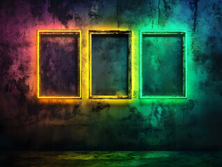 old grunge wall with neon lights and picture frames