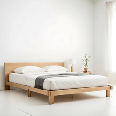 Low-Profile Japandi Bed Frame: A natural oak wood bed frame with a simple, low-profile design and no headboard, set on a white backdrop.
