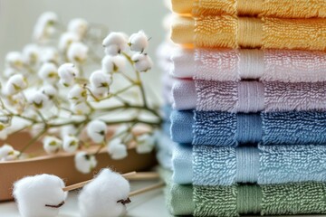 Colorful towels with cotton on white surface. AI image