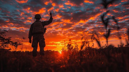 Soldier saluting in silhouette against sunset, embodying honor and resilience.