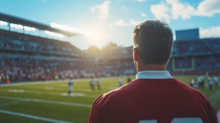 College stadium with a coach reviewing game footage. Featuring strategy and focus