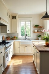 Fototapeta premium Cream cabinets, farmhouse sink, butcher block island, shaker cabinets, dishes, lighting