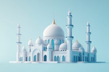 A white mosque with multiple domes and towering minarets