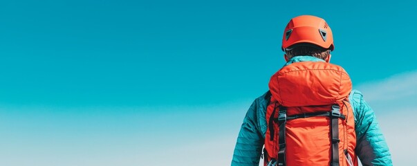 A climber in vibrant gear gazes towards a clear blue sky, ready for adventure with an orange backpack and a helmet.