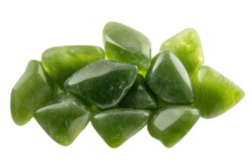Green jade gemstones in various shapes and sizes, cut out