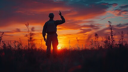 Fototapeta premium Soldier saluting in silhouette against sunset, embodying honor and resilience.