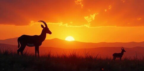 Elegant gazelle silhouettes against sunset, sharp detail, animal, image, grassland