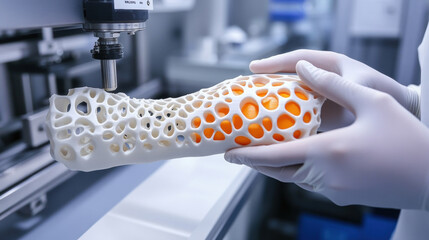 3d printed cast for a forearm, in a lab being printed in a professional 3D printer. 3d illustration.