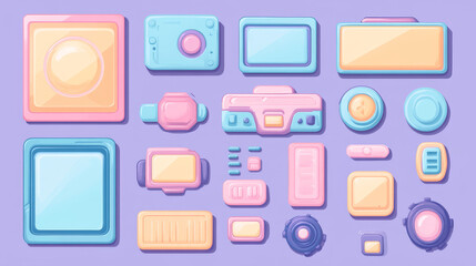 Fototapeta premium Pixel game UI elements set - control keys WASD, window frames, speech bubbles and rectangular panels in pastel pink, blue, mint and orange colors. Retro styled computer games and 8 bit applications.