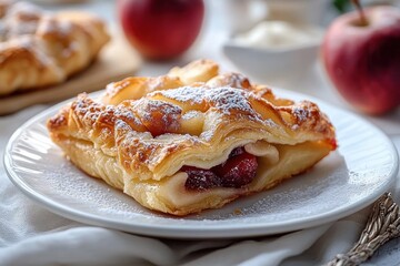 Delicious apple pastry with strawberry jam on a white plate with powdered sugar and flaky texture