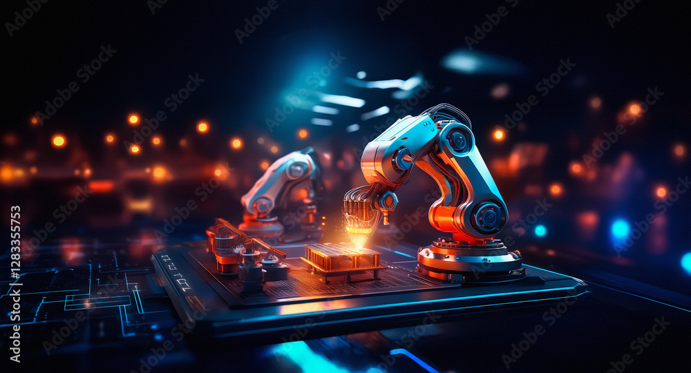 Leinwandbilder two robotic arms meticulously assemble components on a circuit board in a brightly lit, futuristic i