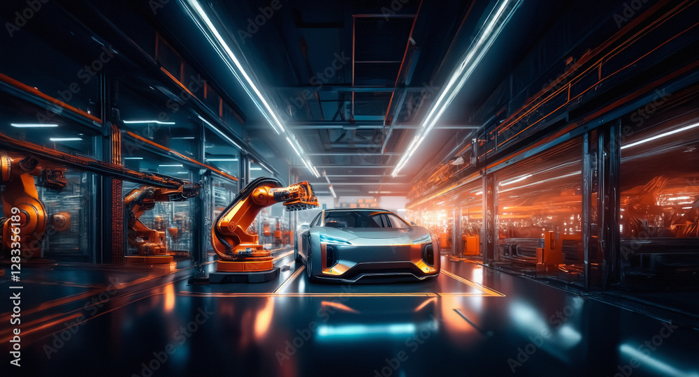 Aufkleber futuristic car factory assembly line with robotic arms building vehicle under bright neon lights. in