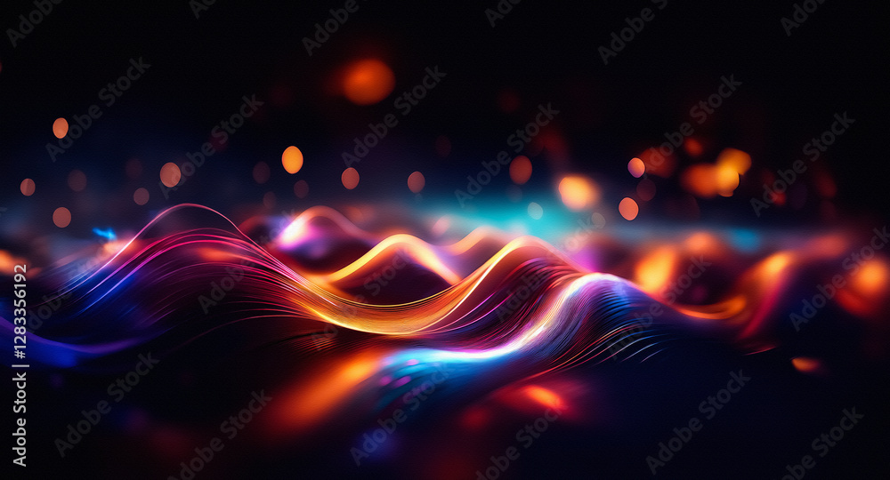 Fototapete abstract image features vibrant, flowing waves of light against a dark backdrop. orange, blue, and p