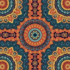 a central circular design surrounded by symmetrical, repeating floral and geometric motifs in shades of orange, blue, green, and yellow.