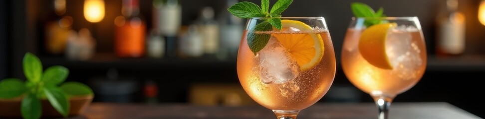 Gin and tonic expertly mixed, garnished, served in stemmed wine glasses , wine glass, close-up, gin