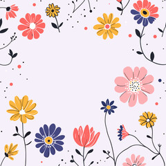 a variety of colorful flowers and leaves, including yellow, orange, pink, blue, and purple, arranged in a border against a light purple background.
