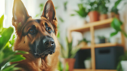 Obraz premium The German shepherd gazes curiously amidst vibrant plants, enjoying a serene moment indoors