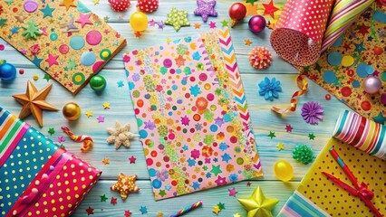 Fototapeta premium A single sheet of colorful birthday paper with intricate designs and patterns on it