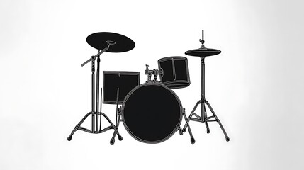  Cartoon sketch drawing of a drum set in black silhouette, isolated on a white background, Isolated drum illustration, Clipart for drum kits 