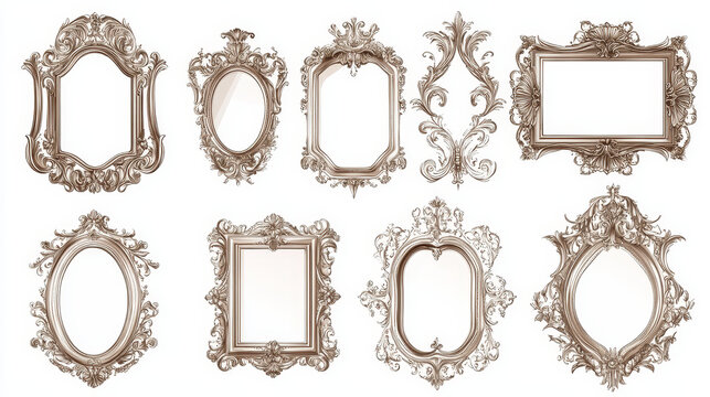 Antique vintage mirror with ornate frame vector icon. Victorian photo border shape engraved design. Isolated luxury fantasy framework illustration set. Witch various enchanted elements for game