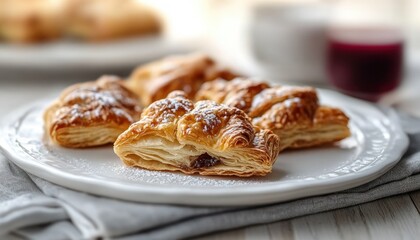 Flaky pastries with strawberry jam caramelized apple filling and powdered sugar on a white plate