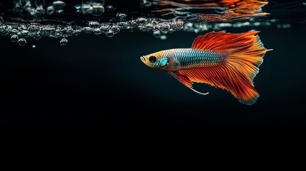 Fototapeta premium Majestic Betta Fish Swims Gracefully In Clean Water. Captivating Colors And Tranquil Movement Create A Serene And Captivating Underwater Scene.