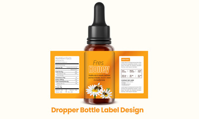 Realistic dropper bottle with a honey-themed label design includes nutrition facts and product details. Ideal for branding and packaging concepts.