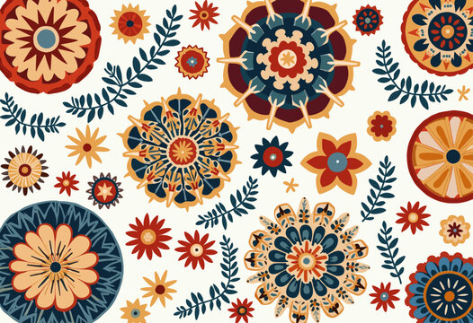 various flowers and leaves in different colors, including red, orange, blue, and yellow, arranged in a visually appealing and symmetrical manner.
