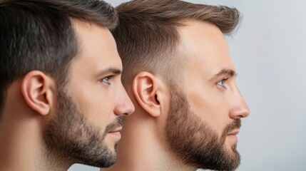 Two men with shaved heads and beards stand side by side