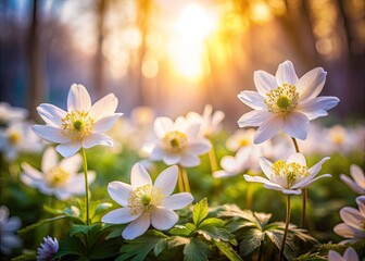 Obraz premium Delicate white wood anemones dance in a spring park, their gentle sway captured in a long-exposure photograph.