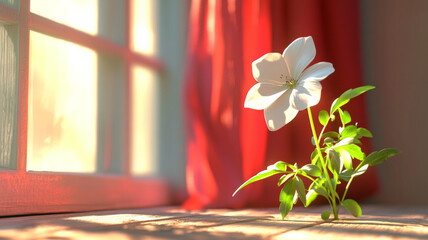 A white flower is in a window with a red curtain