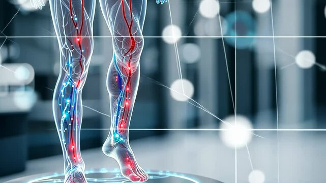 Futuristic depiction of human legs with glowing vascular system in a high-tech medical lab setting