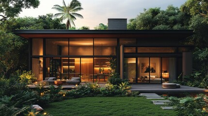 Modern Tropical Home in Lush Garden at Dusk