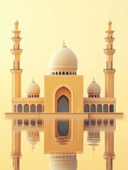 A yellow mosque with a reflection in the water