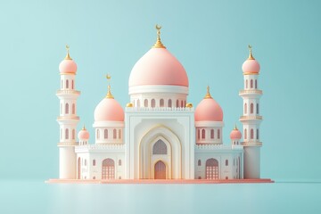 Obraz premium A Beautifully Designed Mosque Depicted Against A Soft Blue Background