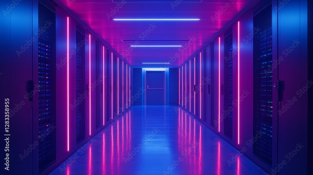 Poster a spacious data center hallway is bathed in a striking mix of blue and pink neon lights, emphasizing