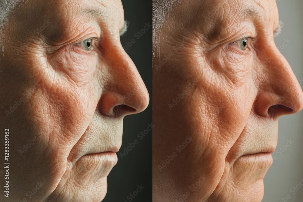 Aufkleber transformation of an aged face to youthful appearance showcasing the contrast between wrinkles and s