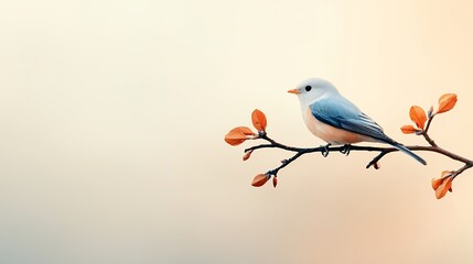 Blue and White Bird on Branch with Orange Leaves Pixel Art Illustration