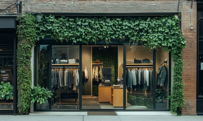 Sustainable fashion store front design featuring eco-friendly materials and stylish branding