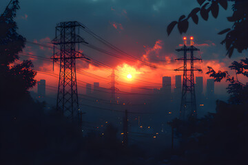 power lines at sunset, high voltage transmission lines, electrical power system, 11 KW Power lines, electrical power system