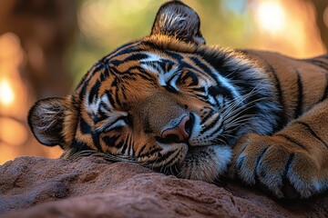 A majestic tiger rests peacefully on a rock, eyes closed in slumber.