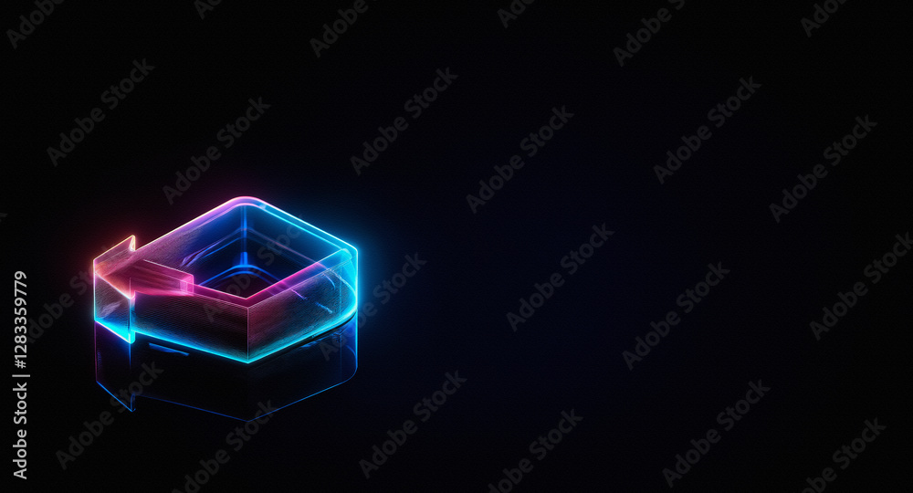 Aufkleber Glowing isometric geometric shape in neon pink and blue on a dark background. It resembles a cube with an arrow wrapping around.