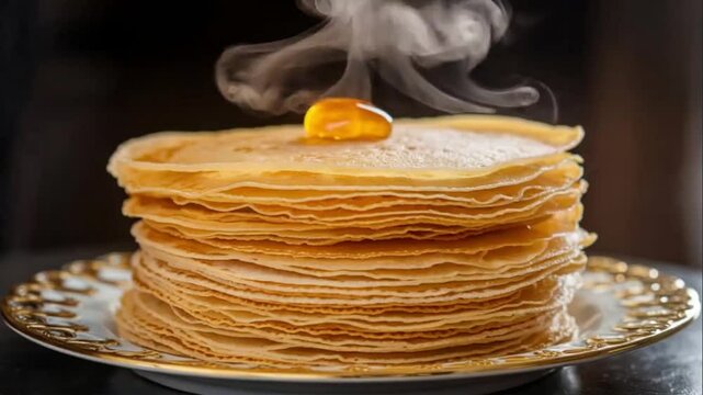A stack of freshly baked golden pancakes with drips of honey.