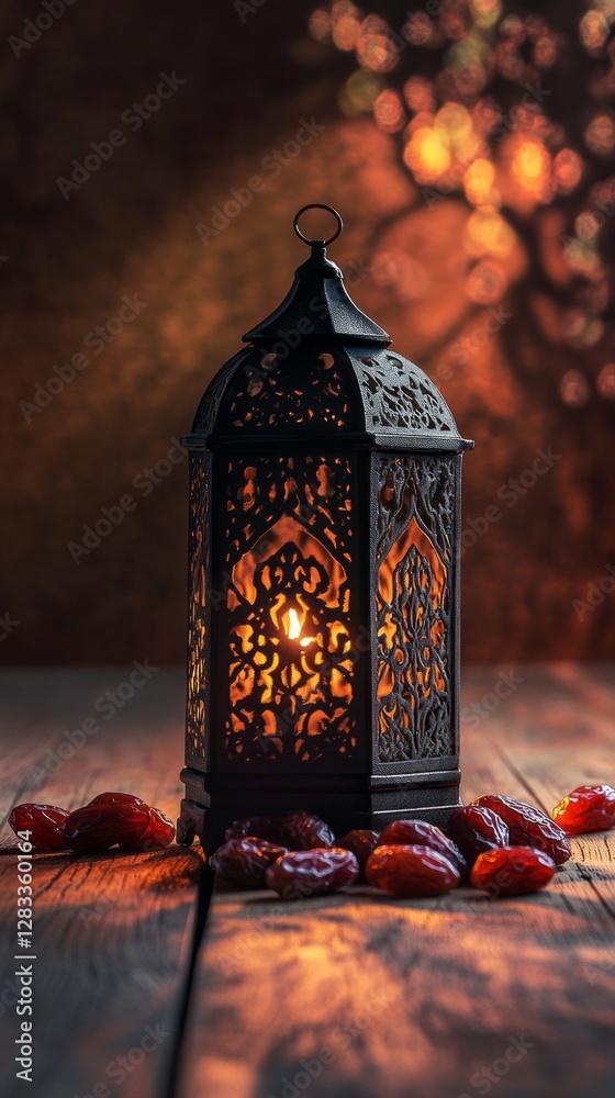 Poster a beautifully crafted decorative lantern emits a warm, inviting light, surrounded by vibrant dates t