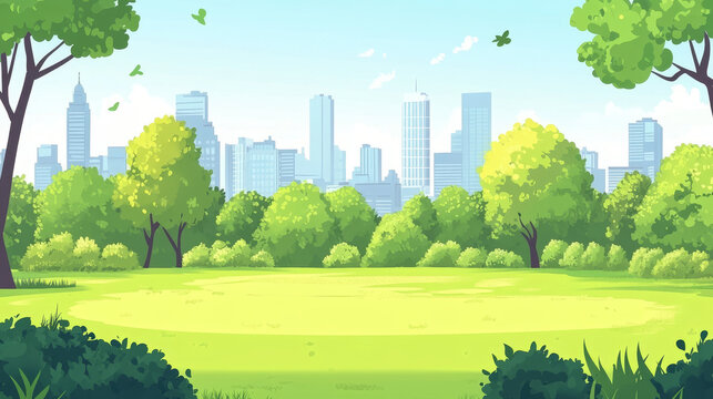 Green lawn, bushes, trees and town buildings on skyline. Vector parallax background for 2d animation with cartoon illustration of summer landscape of city park or garden